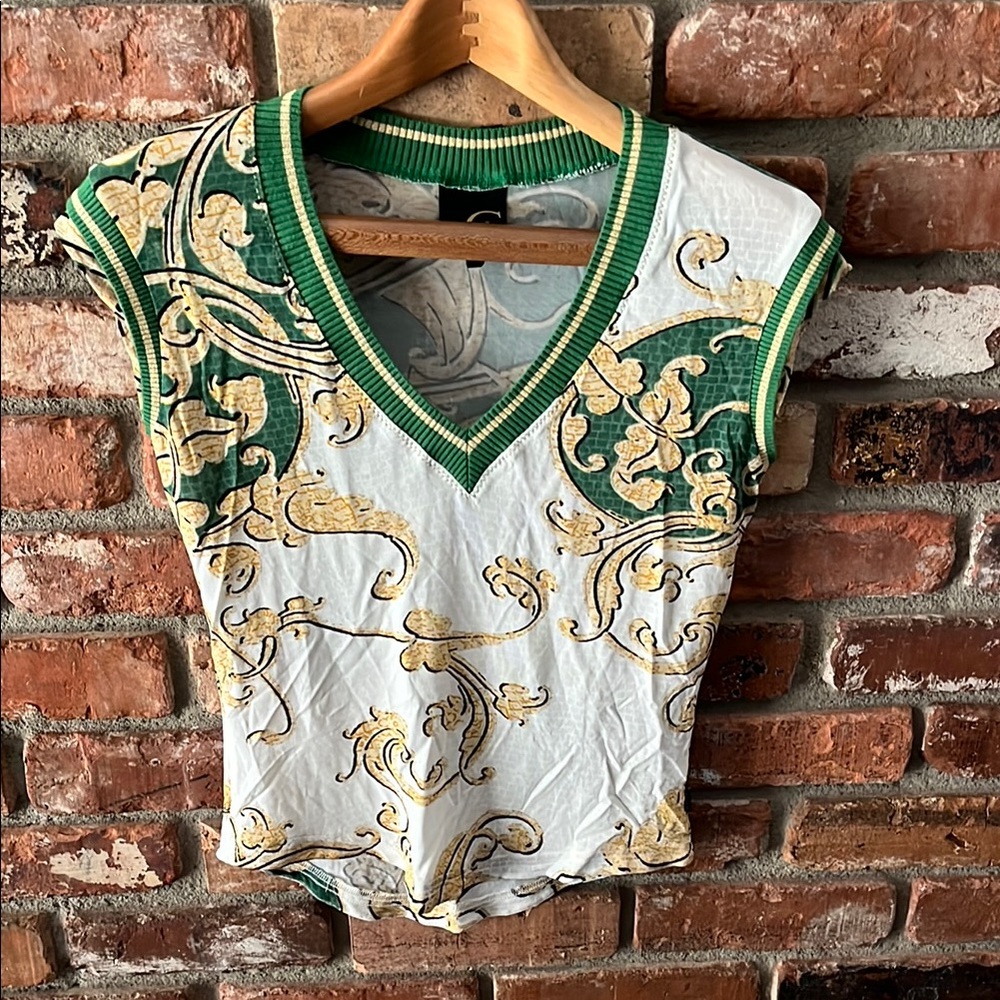 Just Cavalli Fitted Green and Gold Cap Medallion Print Sleeve Tee Size XS